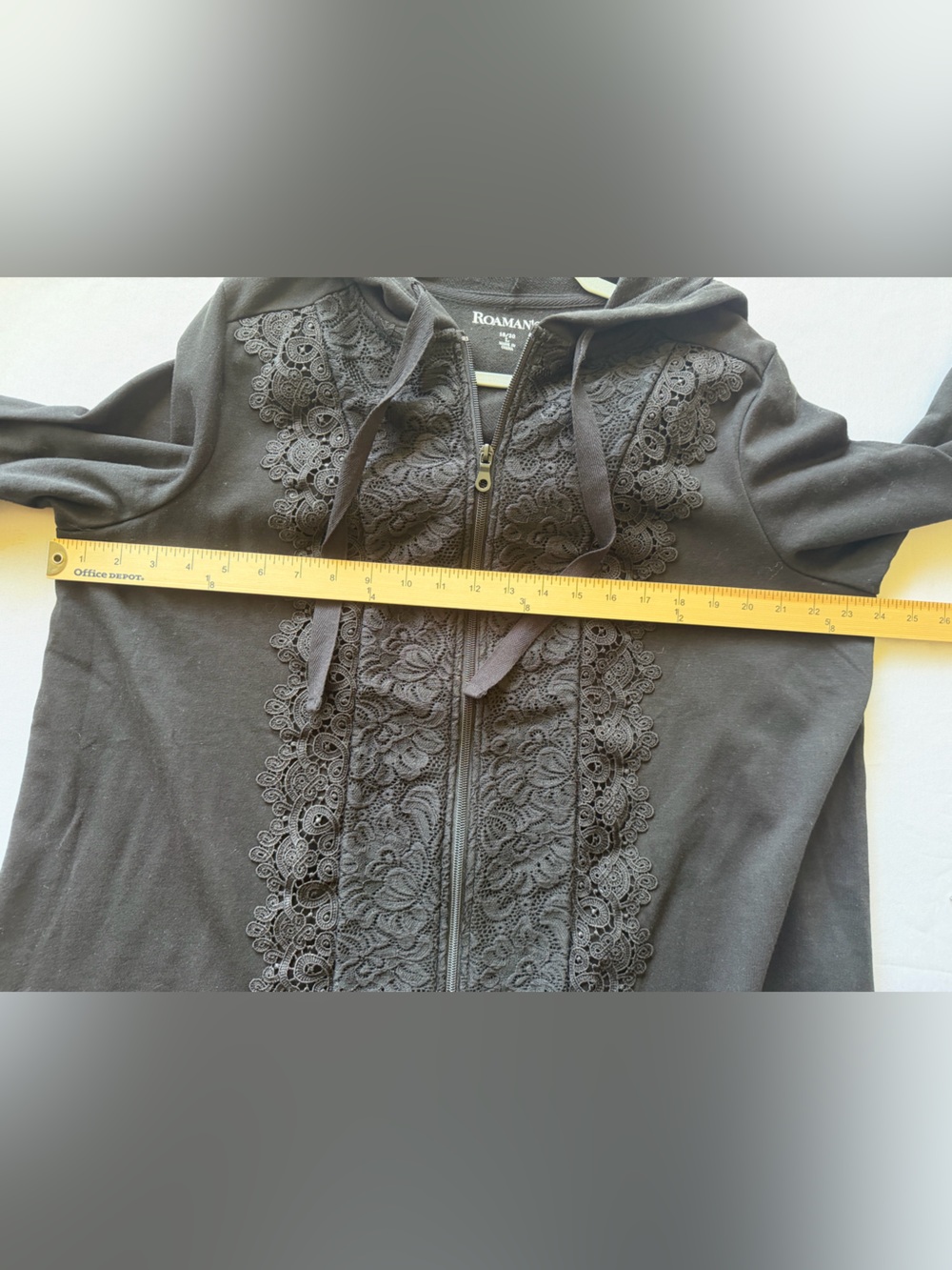Roaman's Black Hooded Zip Cardigan with Lace Trim - Picture 6 of 7